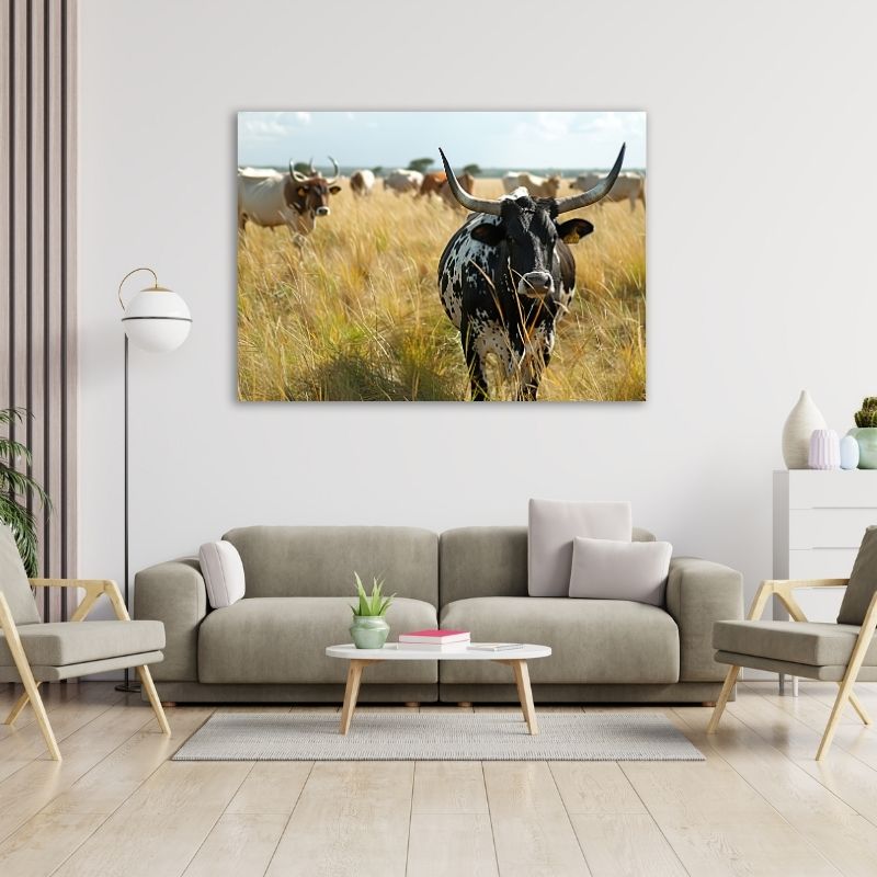 Nguni Cattle Grazing Pre-Printed Canvas
