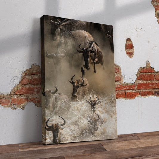 Wildebeest in water Pre-Printed Canvas