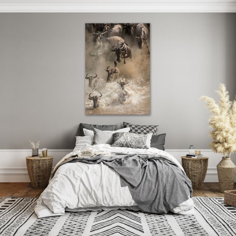 Wildebeest in water Pre-Printed Canvas
