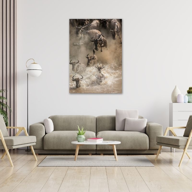 Wildebeest in water Pre-Printed Canvas