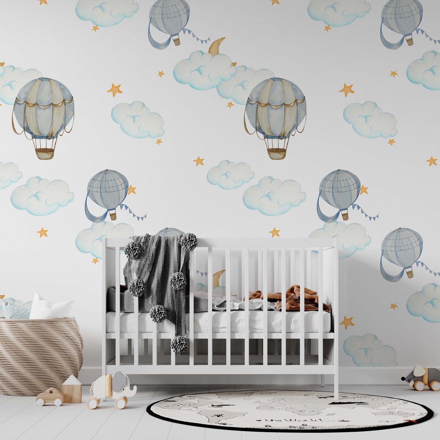 Blue Watercolour Hot Air Balloon Wallpaper