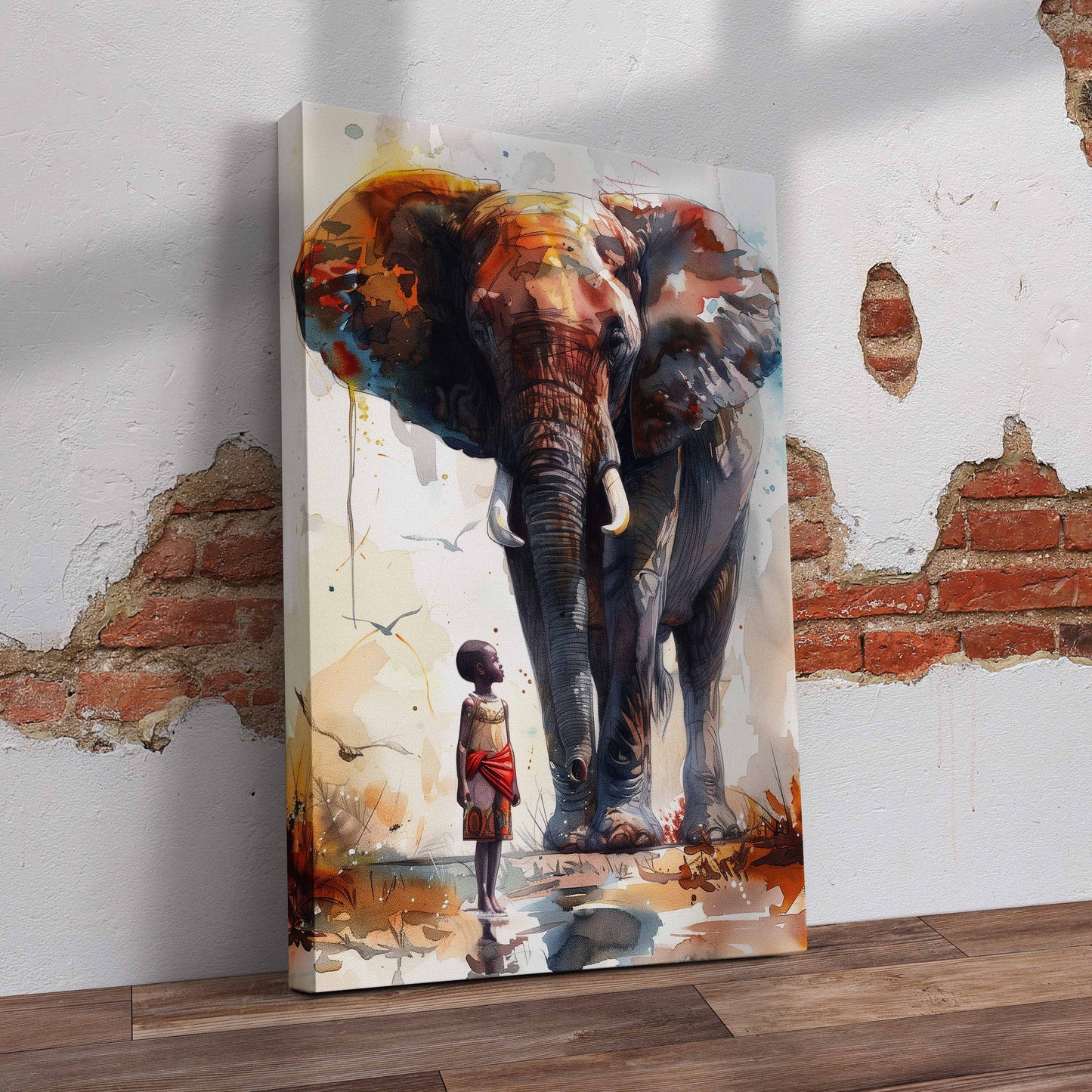 Little Boy with Elephant Pre-Printed Canvas