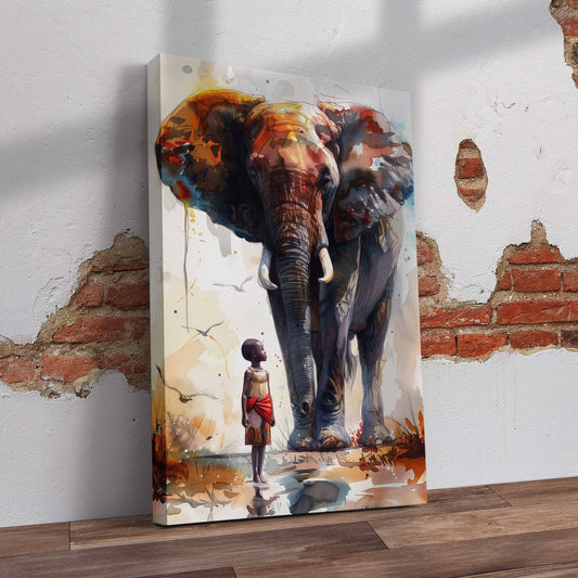 Little Boy with Elephant Pre-Printed Canvas