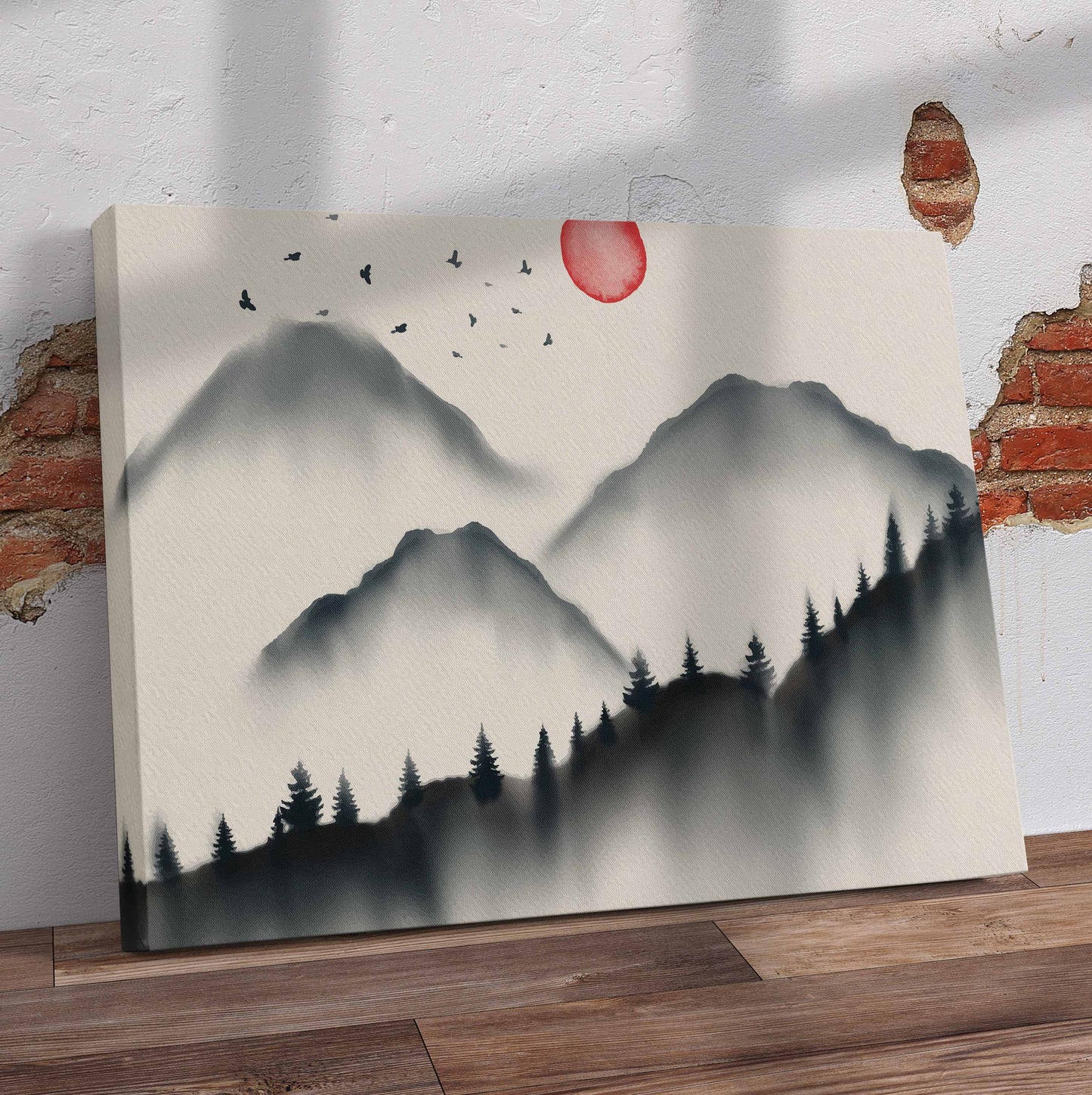 Red Sun Watercolour Mountains Pre-Printed Canvas