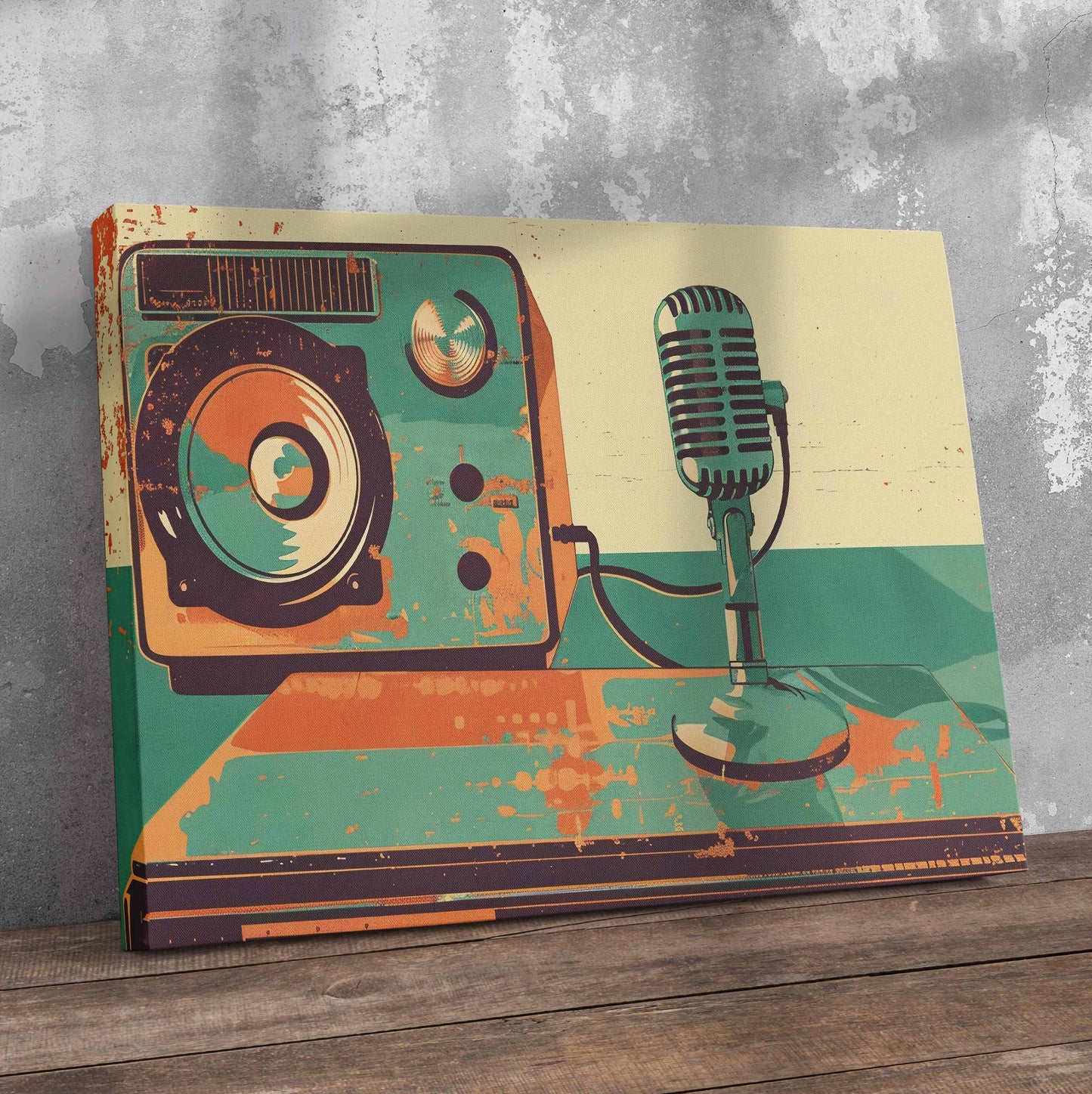 Retro Radio And Microphone Pre-Printed Canvas