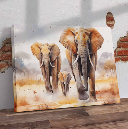 Watercolour Elephants Running Pre-Printed Canvas