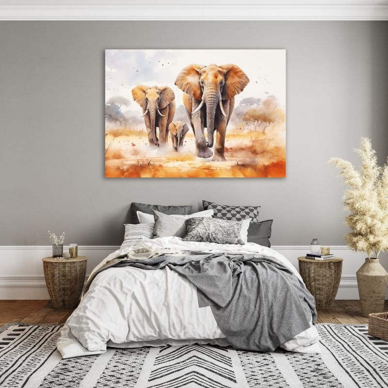 Watercolour Elephants Running Pre-Printed Canvas