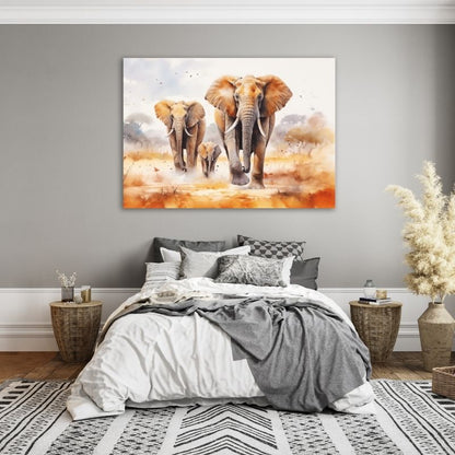 Watercolour Elephants Running Pre-Printed Canvas