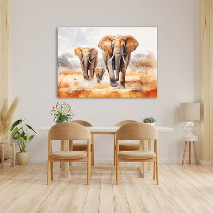 Watercolour Elephants Running Pre-Printed Canvas