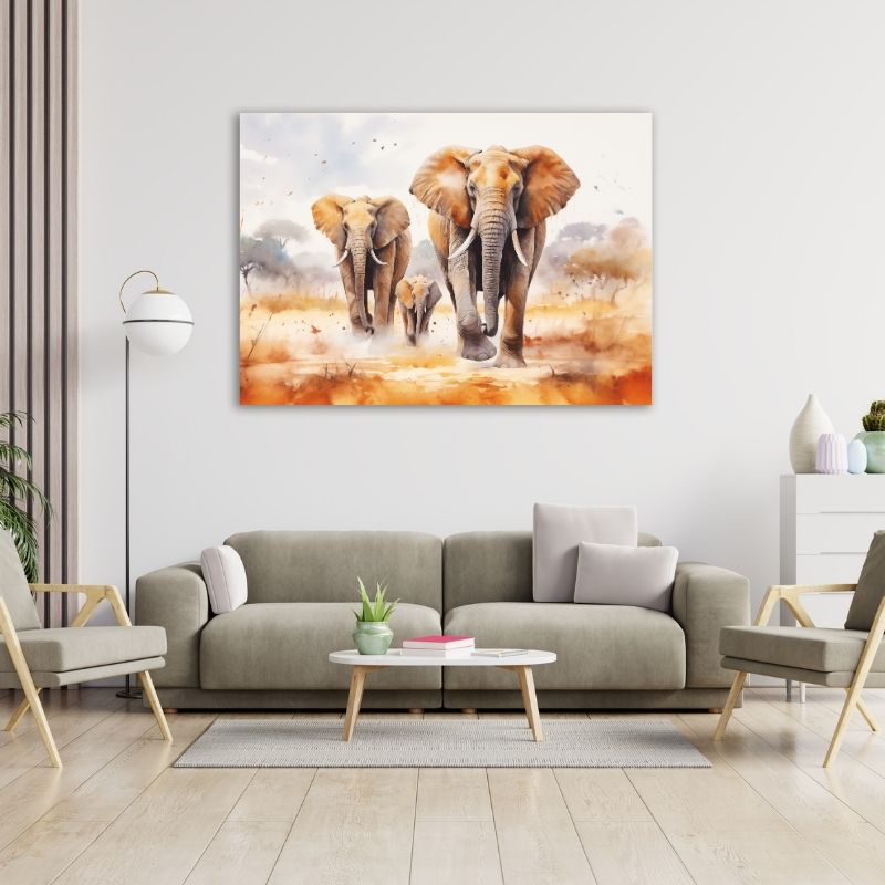 Watercolour Elephants Running Pre-Printed Canvas
